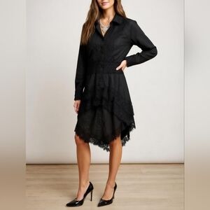 Marc Bouwer Black Asymmetrical Lace-Trim Shirt Dress